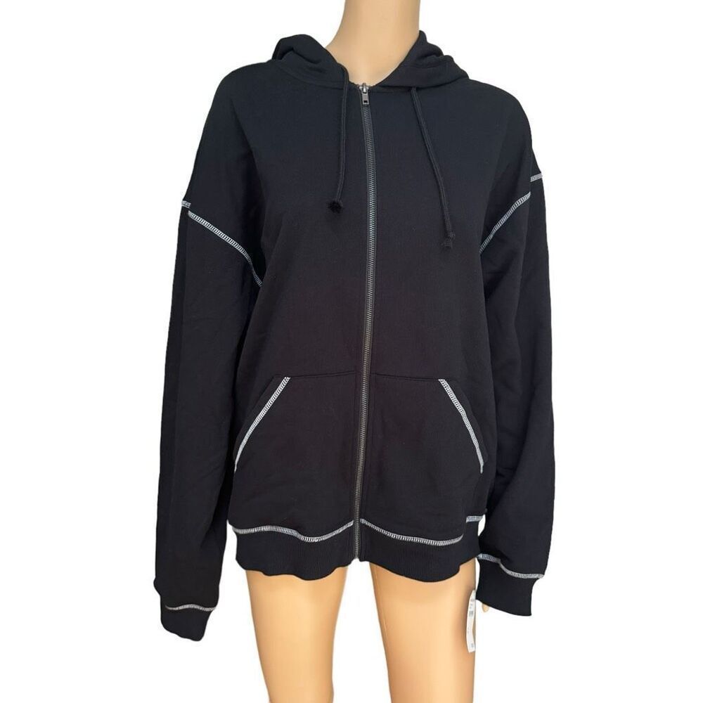 Hi res women’s cotton blend full zip black sweatshirt hoodie size L NWT